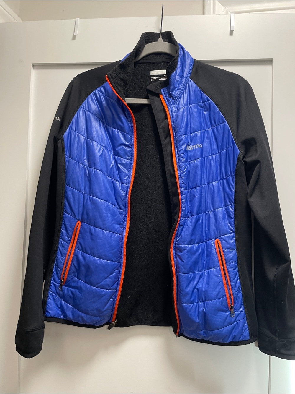 Marmot purple Quilted Front Black Softshell Sleeve Jacket with Orange Accents